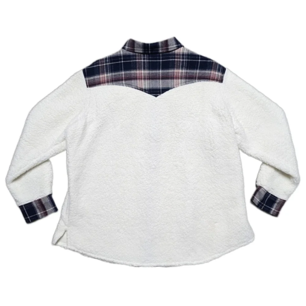 Wrangler Retro Western Plaid Sherpa‎ Shacket Jacket Womens XL White Pearl Snap